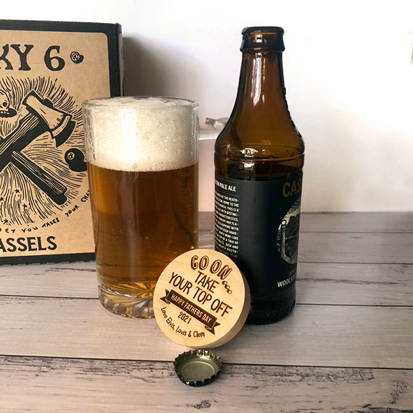 Personalised Top Off Magnetic Round Wooden Bottle Opener